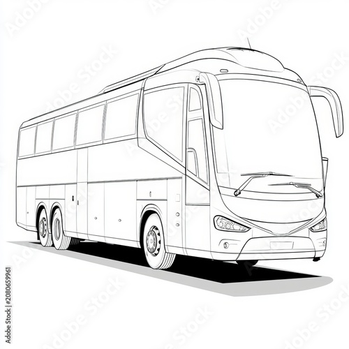 Black Outline Illustration of a Modern Passenger Coach Bus Isolated on a White Background