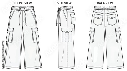 Cargo Pants Mockup Vector Technical Flat Sketch Front Side and Back View