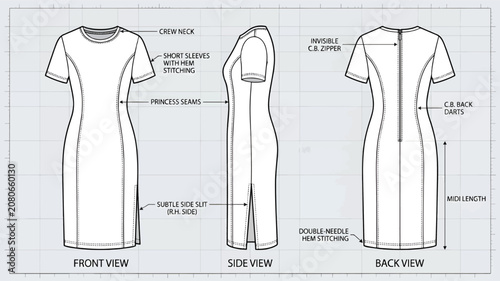 Midi Dress Tech Pack Vector Template Front Side and Back View Dress Technical Sketch
