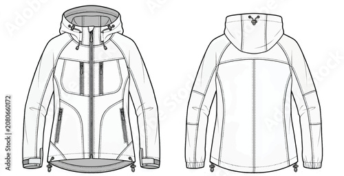 Hooded Windbreaker Jacket Mockup Vector Technical Flat Sketch Front and Back View