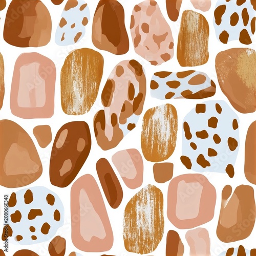 Abstract Neutral Pebble Pattern Seamless Mosaic Texture With Minimalist Organic Earth Tone Shapes.