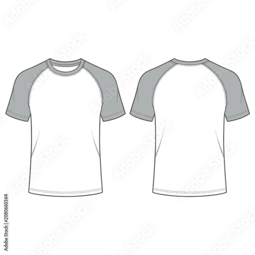 Raglan T Shirt Vector Template Front and Back View White and Grey Tee Mockup