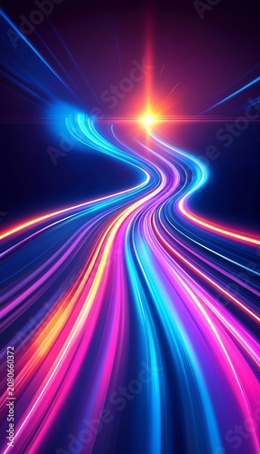 Abstract Background With Neon Light Streaks Representing Fast Digital Data Motion And Cyber Sales.