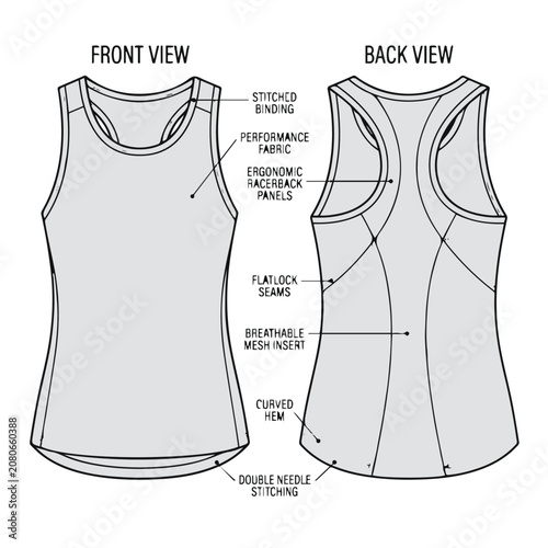 Womens Racerback Tank Top Tech Pack Template Performance Activewear Flat Sketch Vector