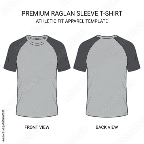 Premium Raglan Sleeve T-Shirt Mockup Vector Template Front and Back View