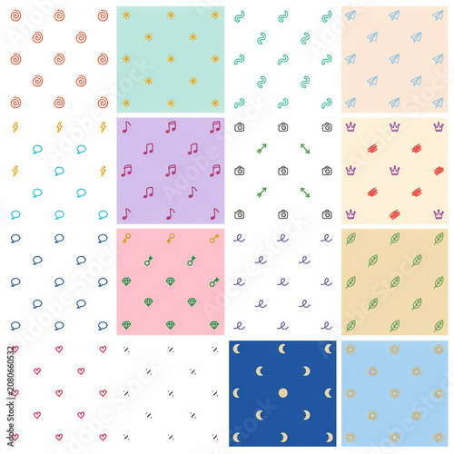 Colorful patterns with various icons on white background pastel colors music notes