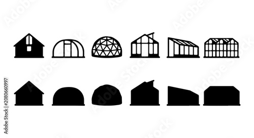Bild auf Leinwand Modern Greenhouse Silhouettes, Diverse Architectural Styles, Geometric Structure