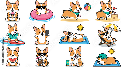 Cute cartoon welsh corgi dog summer vacation beach sticker vector set with surfing swimming sunbathing and eating ice cream illustrations