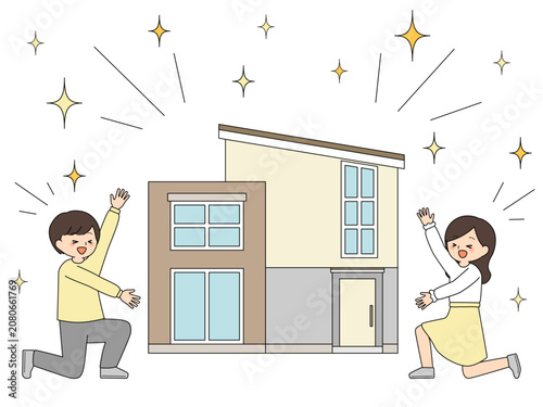 Obraz na płótnie マイホームの完成を喜ぶ夫婦のイラスト（新築住宅・戸建て・夢の住まい）