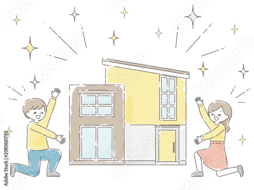 Obraz na płótnie マイホームの完成を喜ぶ夫婦のイラスト（新築住宅・戸建て・夢の住まい）　手描き風