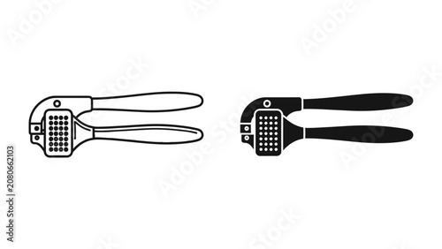 Bild auf Leinwand Garlic Press: Two graphic representations of a garlic press, one in outline and the other in silhouette, showcasing a common kitchen tool used for crushing garlic