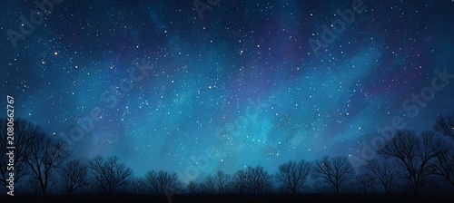 Stunning Night Sky Featuring Glowing Stars Above a Dark Forest Silhouetted During a Calm Evening