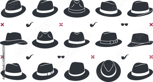 Foto Fedora Hat Collection with Classic Gentleman Headwear Vintage Fashion Accessory