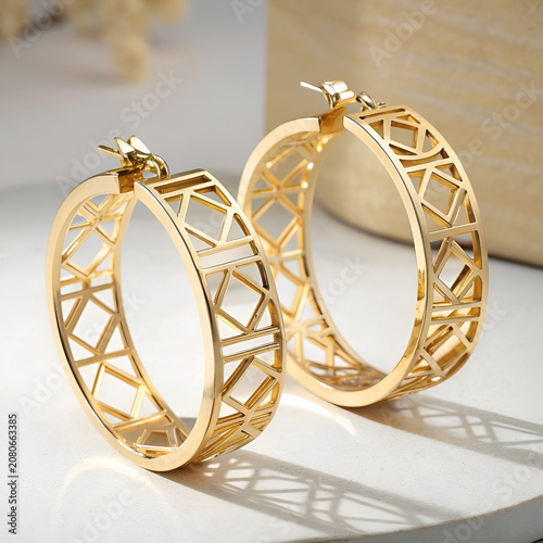 Sculptural gold hoop earrings featuring modern architectural design.