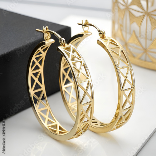 Sculptural gold hoop earrings featuring modern architectural design.
