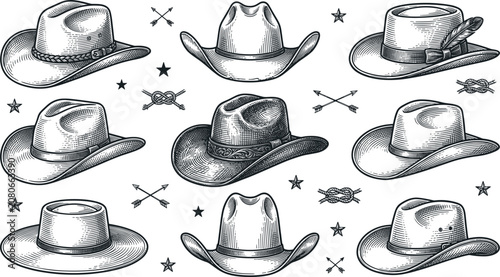 Tableau sur toile Cowboy Hat Collection with Western Ranch Headwear Vintage Fashion Accessory Coun