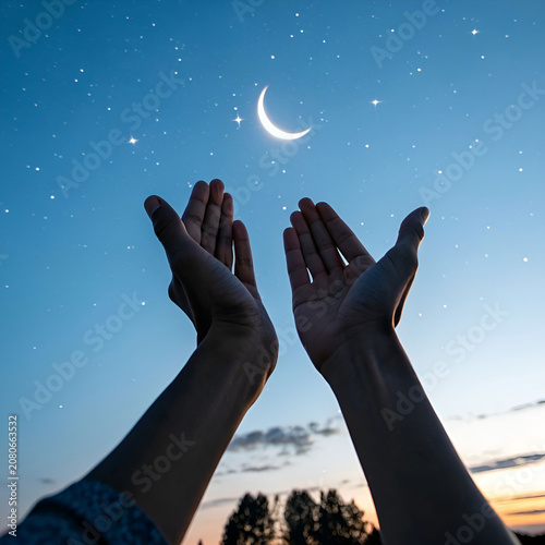 Raised hands in heartfelt dua beneath a glowing crescent moon.