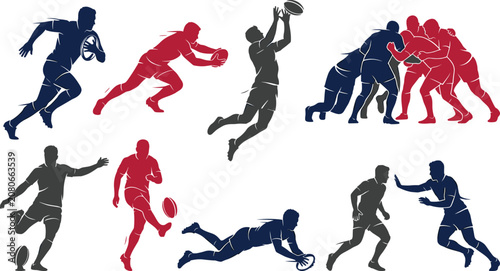 фотографія Rugby Player Action Collection with Team Competition Running Tackling Passing Sc