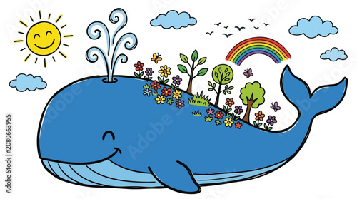 Konstfotografi Whimsical blue whale cartoon vector, happy whale with garden on back, eco friend