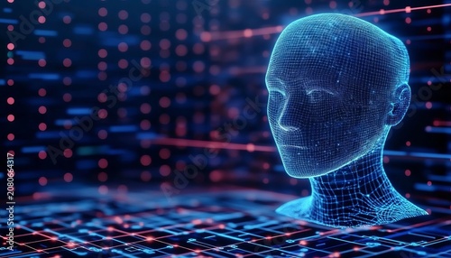 Cyborg Head Representing Advanced Artificial Intelligence Concepts on a Cybernetic Grid Background