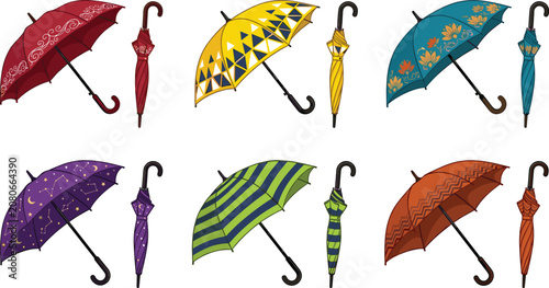 Tableau sur toile Colorful Umbrella Vector Icon Set with Open and Closed Parasols Featuring Unique