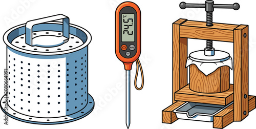 Photos Home Cheesemaking Equipment Vector Set Featuring Perforated Stainless Steel Chee
