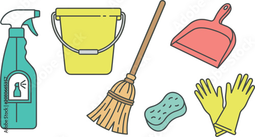 Tableau sur toile Household Cleaning Supplies Vector Icon Set with Spray Bottle Bucket Broom Dustp