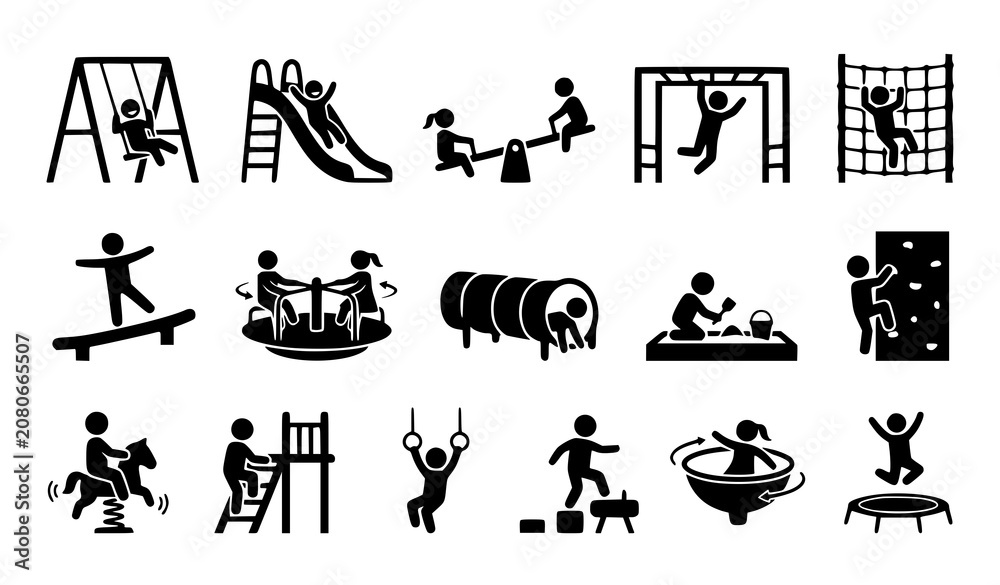 Obraz premium Children Playing on Playground Equipment Black Silhouette Activity Icon Vector Set