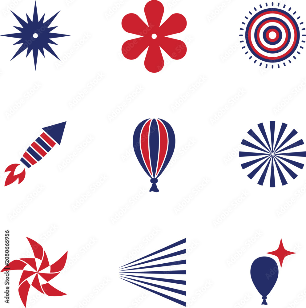 Obraz premium Patriotic Celebration Icon Set Star Rocket Balloon Sunburst Red White Blue Fourth July