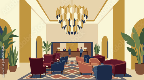 Foto Luxury Hotel Lobby with Chandelier Vector Illustration