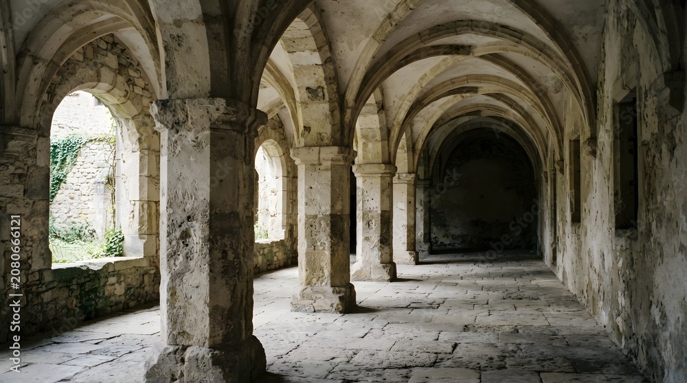 Obraz premium Ancient Stone Cloister Corridor with Gothic Arched Vaults and Massive Pillars in a Historic Monastery