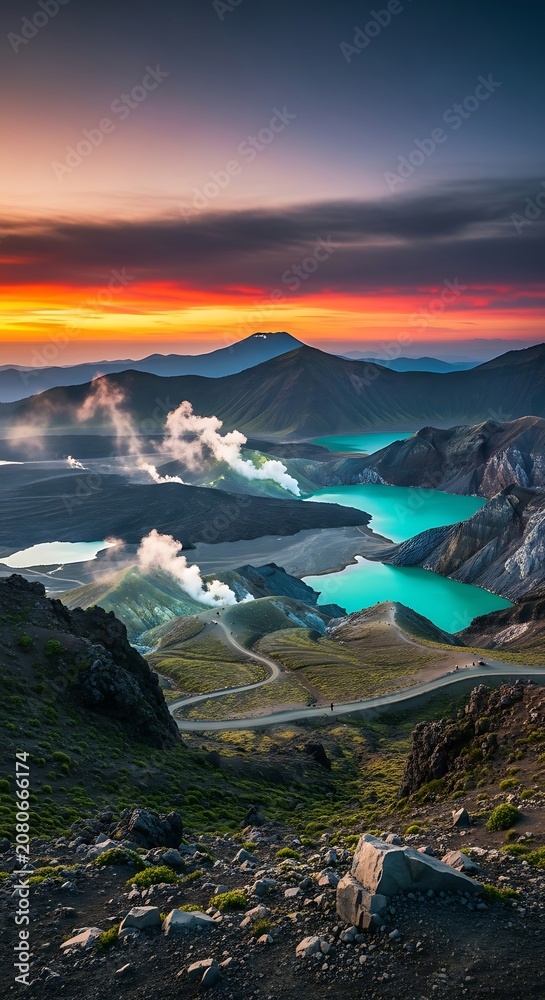 Naklejka premium Breathtaking sunrise over the volcanic landscape of Mount Ijen with steaming fumaroles and turquoise acidic crater lake.