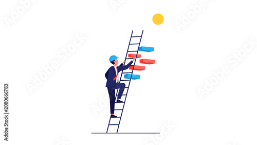 Businessman on ladder reaching goals and targets