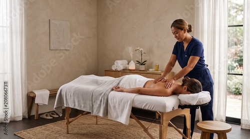 A professional therapist in blue scrubs performs a relaxing back massage on a client in a serene, modern spa environment with neutral decor.