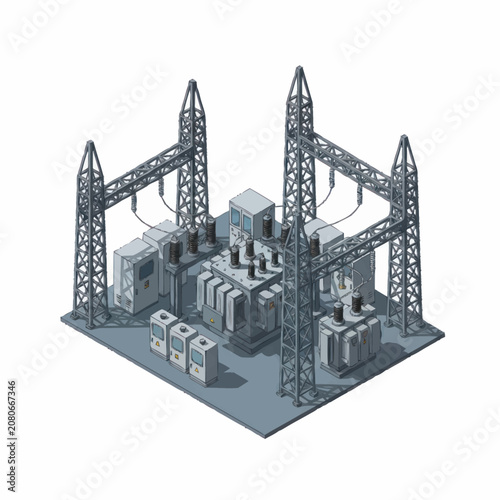 Isometric view of a power substation with transformers and pylons.