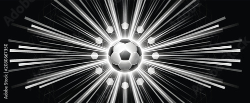 Glowing Soccer Ball with Dynamic Light Rays on Black Background, Futuristic Football Energy Burst, Sports Technology Illustration, Abstract Championship Design