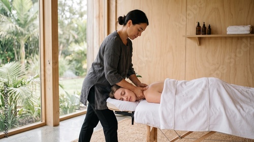 A professional massage therapist performing a neck massage on a relaxed client in a serene, modern wooden spa room with a garden view.