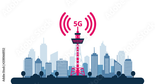 5G Telecommunications Tower with Wireless Signal Waves over a Modern Urban City Skyline Vector Illustration