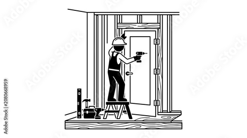 Construction worker installing door frame with drill and tools on stepladder