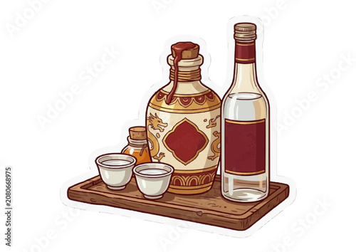 Traditional Chinese liquor baijiu set with ceramic cups and vintage clay bottles on a wooden tray illustration.