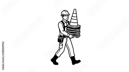 Construction worker carrying traffic cones on white background, safety equipment, road work