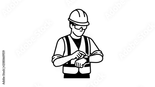 Construction worker checking smartwatch on white background, safety gear, modern technology
