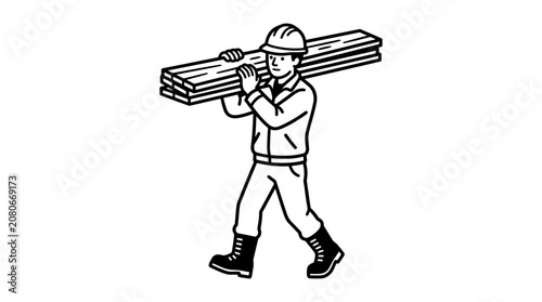 Construction worker carrying lumber on shoulder, monochrome illustration