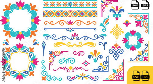Mexican talavera ornamental border design elements collection featuring colorful folk art frames dividers corners and floral patterns for graphics