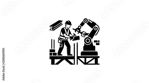 Construction Worker Cooperating with Robotic Arm in Industrial Setting