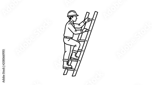 Construction worker climbing ladder, safety helmet, reaching new heights, illustration, line art