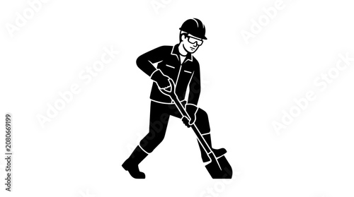 Construction Worker Digging with Shovel, Safety Gear, Manual Labor, Outdoor Work, Silhouette