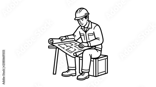 Construction worker in hard hat reviewing blueprints on a table, illustration style