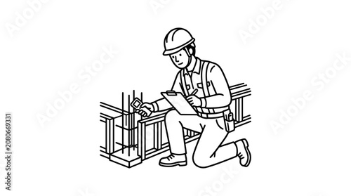 Construction worker inspects building structure with clipboard and measuring tool