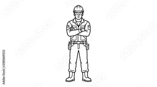 Construction worker in uniform with crossed arms, safety helmet and goggles, black and white illustration